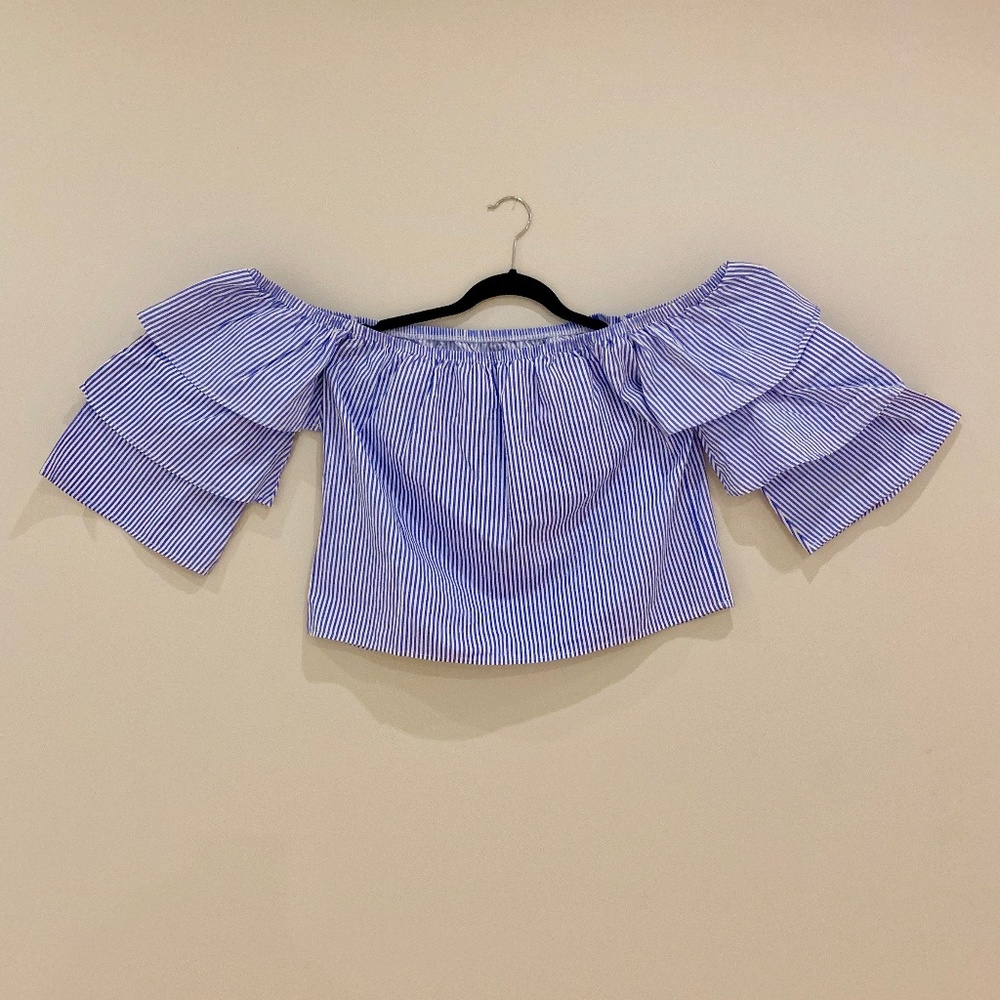 Pinstriped Off-Shoulder 3/4 Ruffled Sleeves